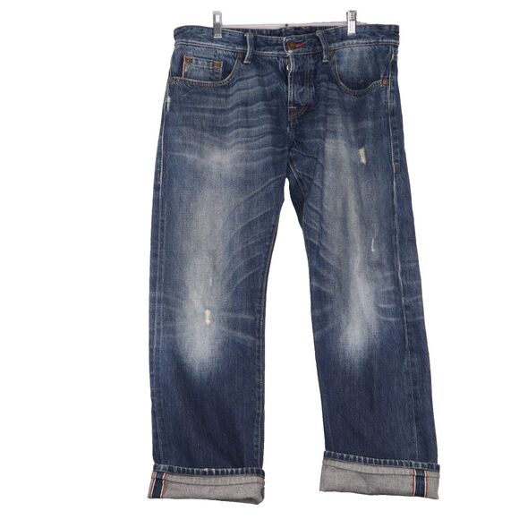 HUGO BOSS Selvedge-2 Men's Distressed Button Fly Straight Fit Denim Jeans 36X30 - Picture 1 of 16